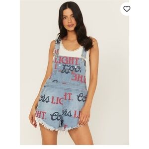 The Laundry Room Light Blue Graphic Denim Short Overalls - Coors Light
